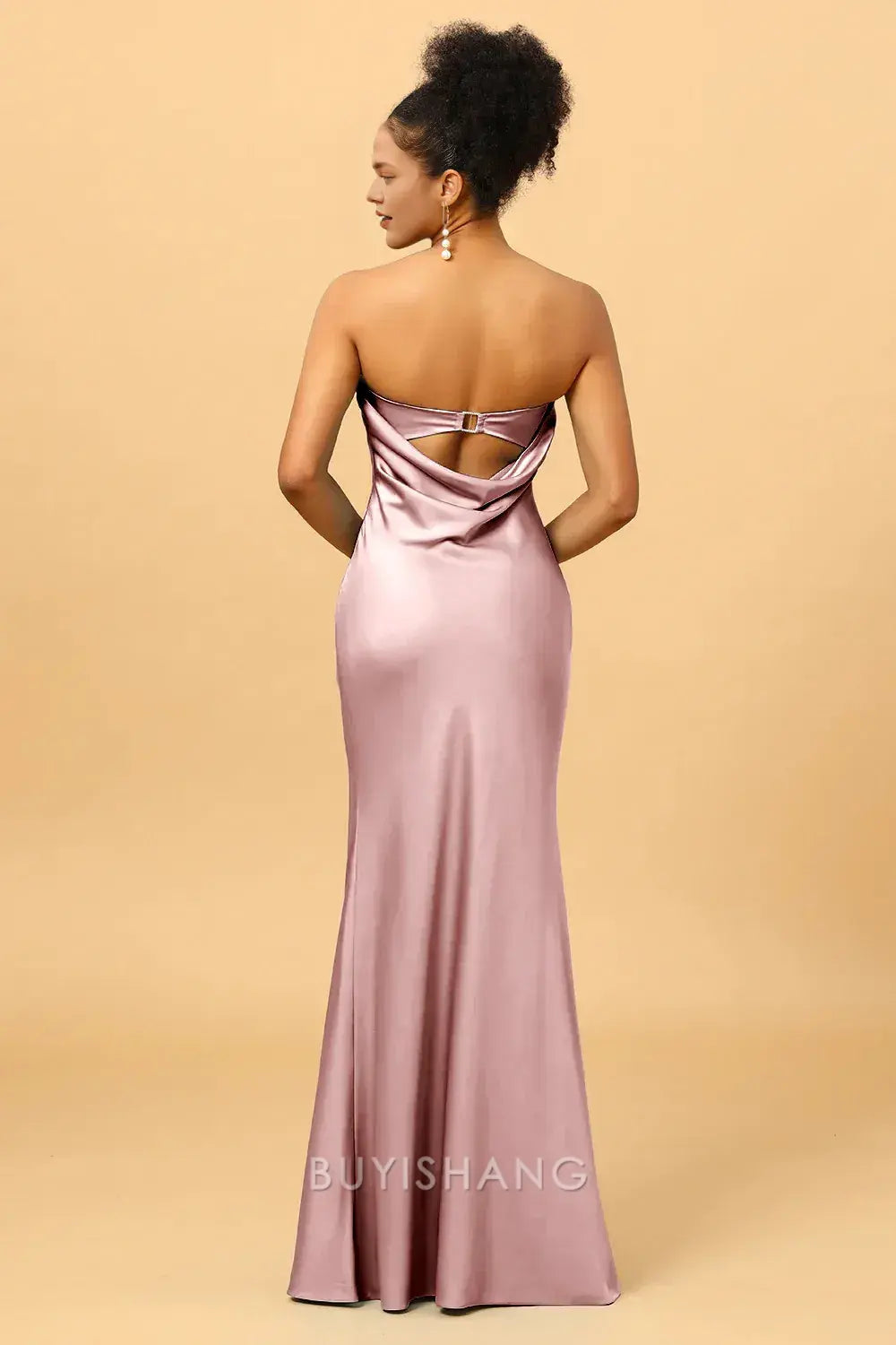 Elegant Strapless Draped Back Satin Mermaid Floor-Length Maxi Dress Prom Dress